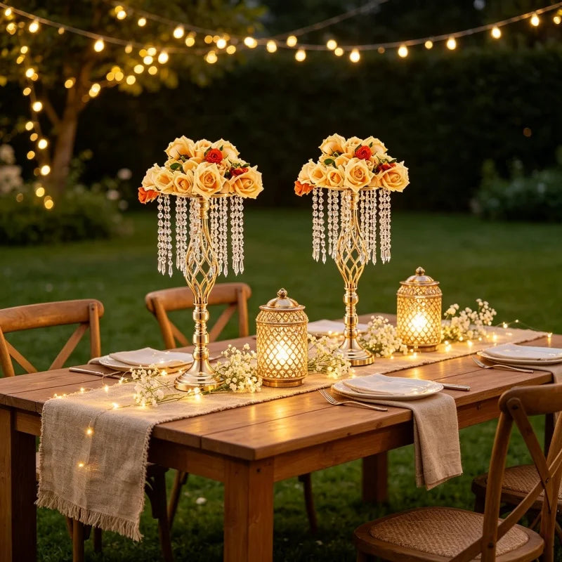 Elegant Tall Gold Crystal Flower Holder Luxurious Twisted Metal Vase Centerpiece with Hanging Beads for Wedding Home Table Decor