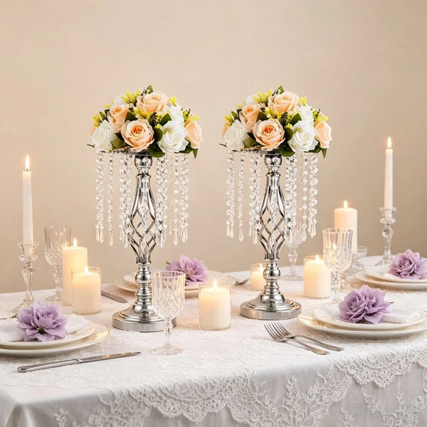 Elegant Tall Gold Crystal Flower Holder Luxurious Twisted Metal Vase Centerpiece with Hanging Beads for Wedding Home Table Decor