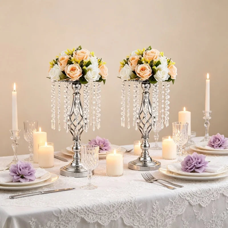 Elegant Tall Gold Crystal Flower Holder Luxurious Twisted Metal Vase Centerpiece with Hanging Beads for Wedding Home Table Decor