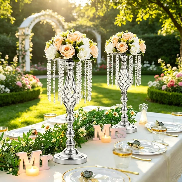 Elegant Tall Gold Crystal Flower Holder Luxurious Twisted Metal Vase Centerpiece with Hanging Beads for Wedding Home Table Decor