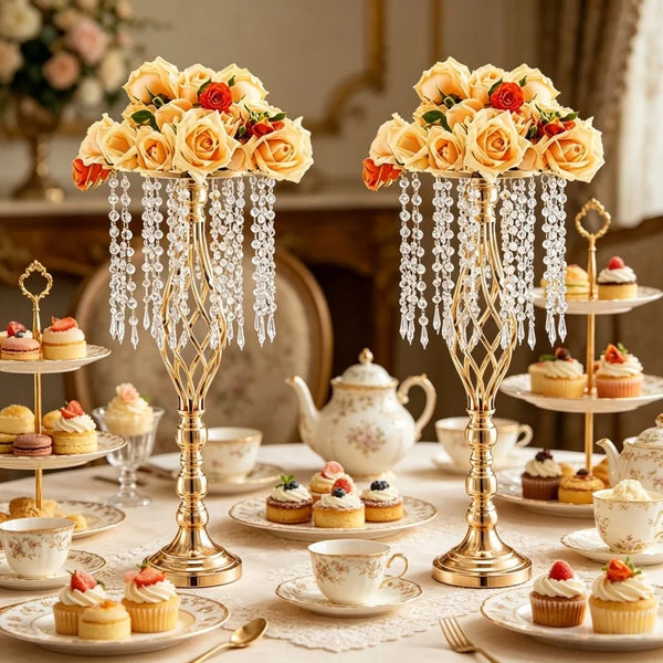 Elegant Tall Gold Crystal Flower Holder Luxurious Twisted Metal Vase Centerpiece with Hanging Beads for Wedding Home Table Decor