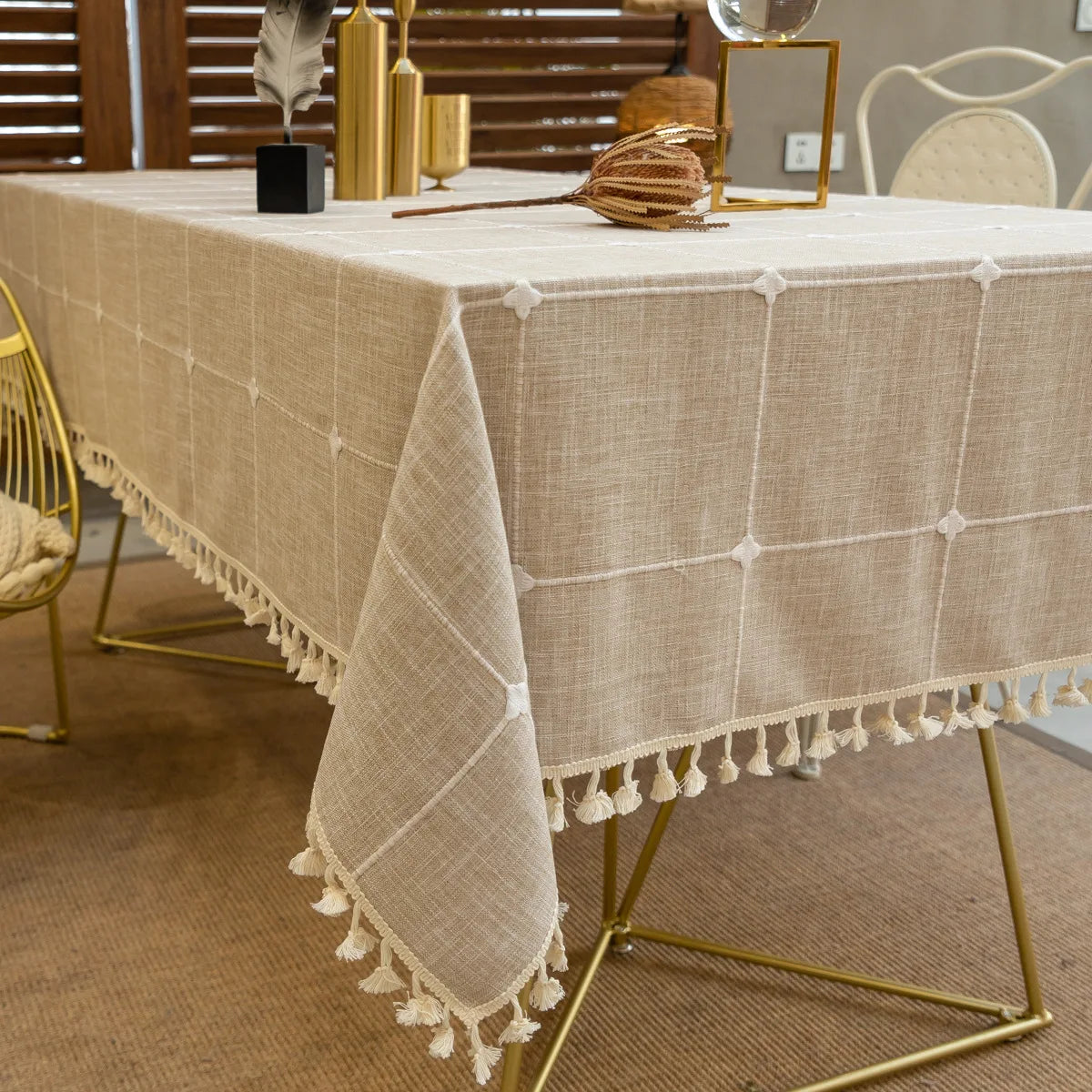Three-dimensional Jacquard Checkered Tablecloth,Cotton Linen Tassels Dust-Proof Table Cover,For Dinning Party Wedding Decor