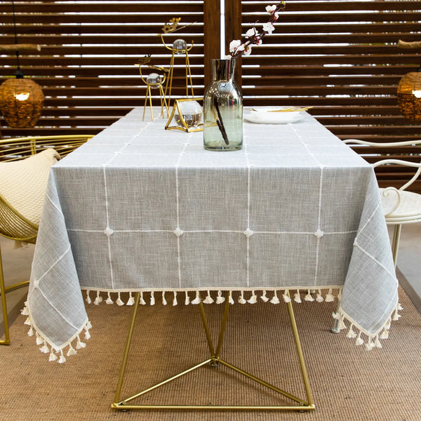 Three-dimensional Jacquard Checkered Tablecloth,Cotton Linen Tassels Dust-Proof Table Cover,For Dinning Party Wedding Decor