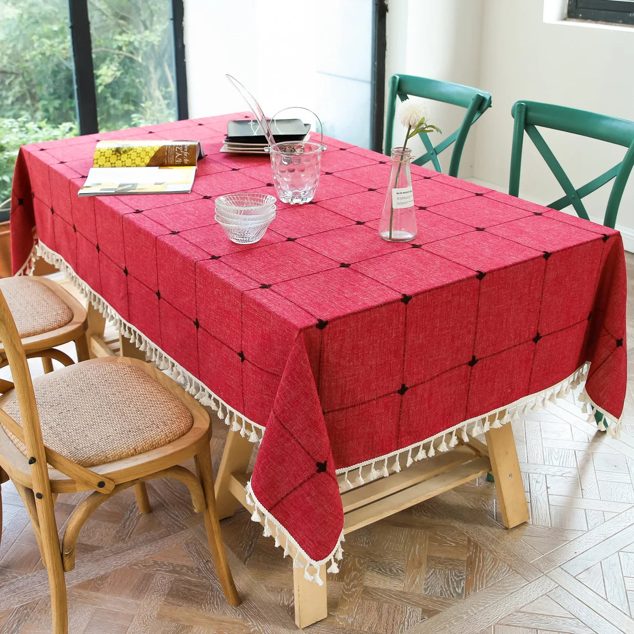 Three-dimensional Jacquard Checkered Tablecloth,Cotton Linen Tassels Dust-Proof Table Cover,For Dinning Party Wedding Decor