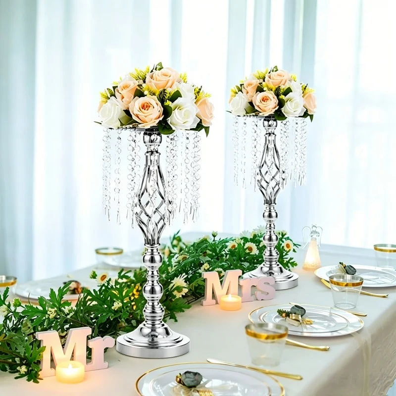 Elegant Tall Gold Crystal Flower Holder Luxurious Twisted Metal Vase Centerpiece with Hanging Beads for Wedding Home Table Decor