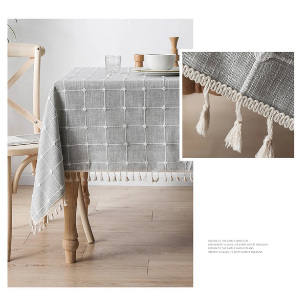 Three-dimensional Jacquard Checkered Tablecloth,Cotton Linen Tassels Dust-Proof Table Cover,For Dinning Party Wedding Decor