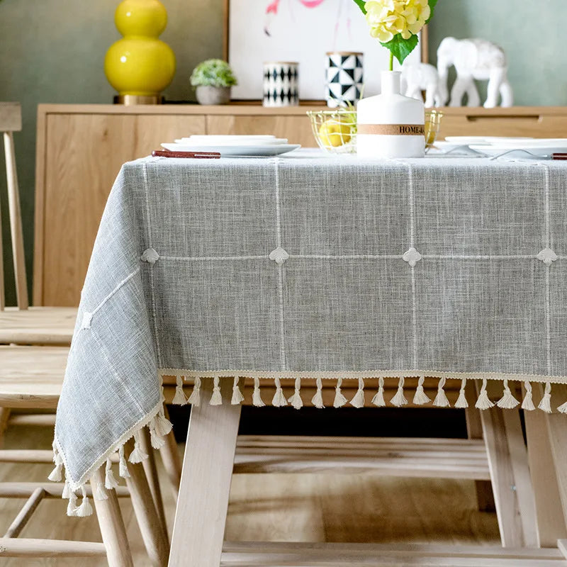Three-dimensional Jacquard Checkered Tablecloth,Cotton Linen Tassels Dust-Proof Table Cover,For Dinning Party Wedding Decor