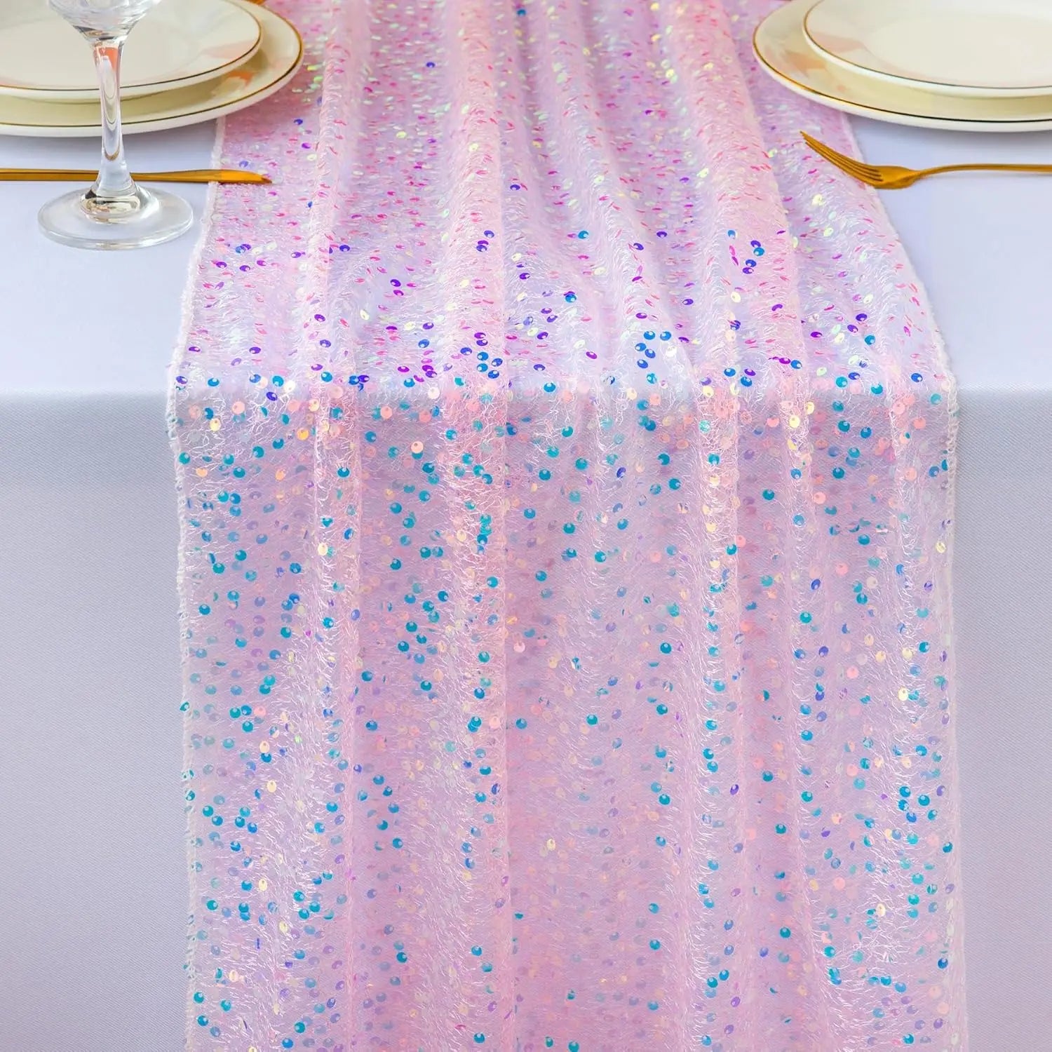 Glitter Iridescent Sequin Table Runner,Soft Wedding Dining Table Decoration For Bridal Baby Shower Girl Birthday Wedding Party