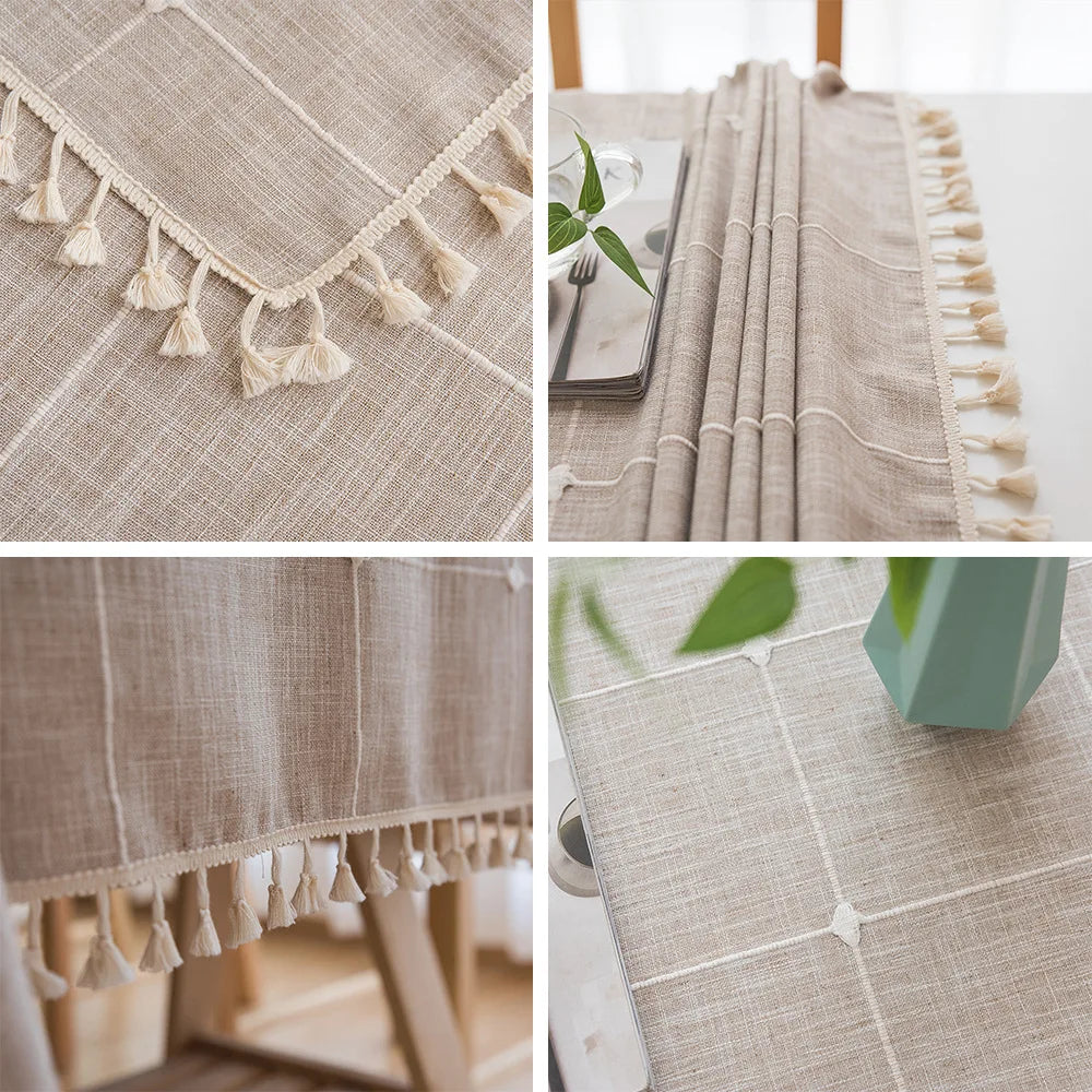 Three-dimensional Jacquard Checkered Tablecloth,Cotton Linen Tassels Dust-Proof Table Cover,For Dinning Party Wedding Decor