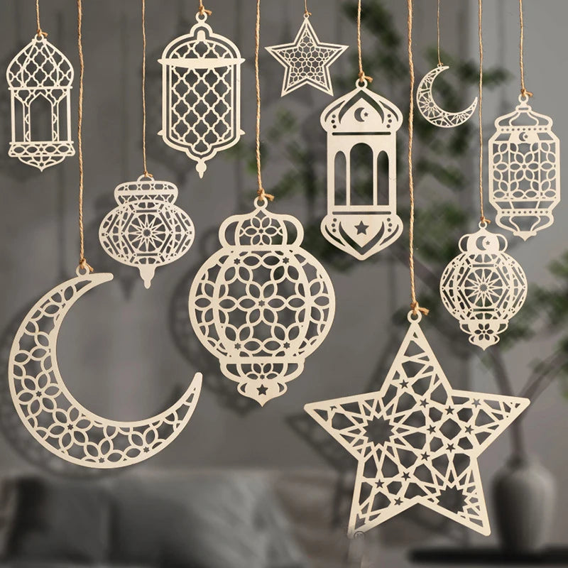 Lot de 3 suspensions Eid Mubarak en bois — Lune & étoile