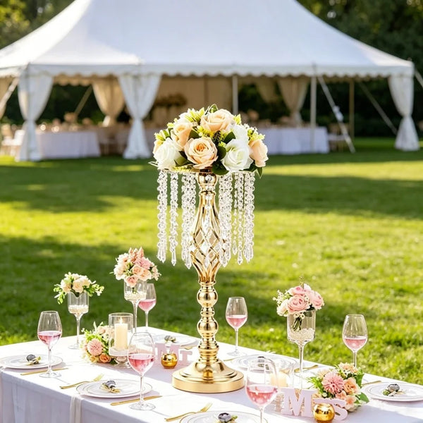 Elegant Tall Gold Crystal Flower Holder Luxurious Twisted Metal Vase Centerpiece with Hanging Beads for Wedding Home Table Decor