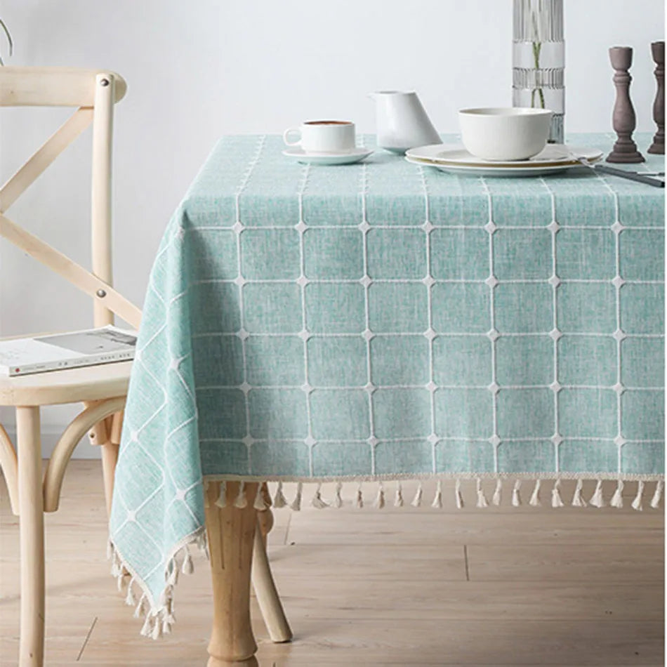Three-dimensional Jacquard Checkered Tablecloth,Cotton Linen Tassels Dust-Proof Table Cover,For Dinning Party Wedding Decor