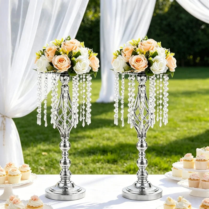 Elegant Tall Gold Crystal Flower Holder Luxurious Twisted Metal Vase Centerpiece with Hanging Beads for Wedding Home Table Decor