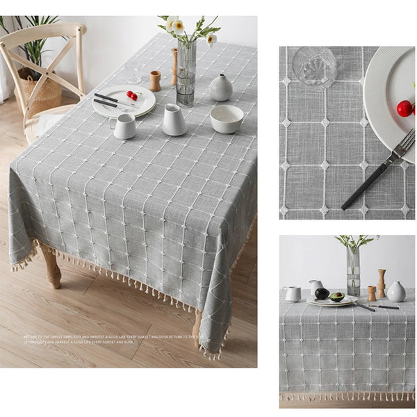 Three-dimensional Jacquard Checkered Tablecloth,Cotton Linen Tassels Dust-Proof Table Cover,For Dinning Party Wedding Decor
