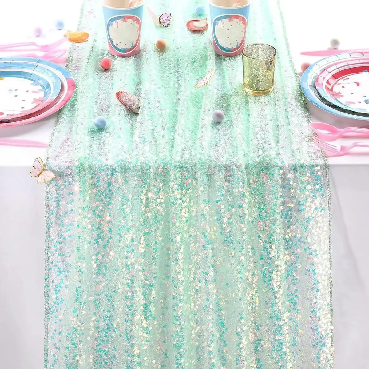 Glitter Iridescent Sequin Table Runner,Soft Wedding Dining Table Decoration For Bridal Baby Shower Girl Birthday Wedding Party