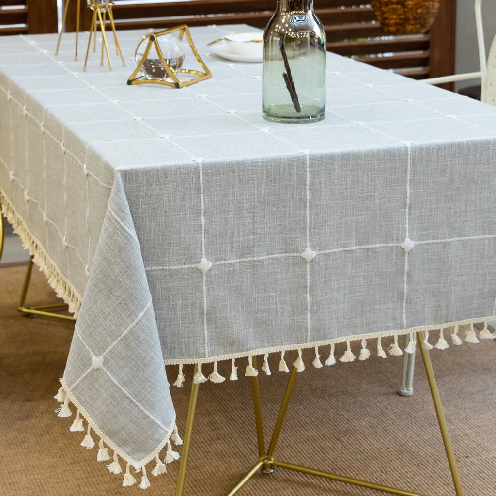 Three-dimensional Jacquard Checkered Tablecloth,Cotton Linen Tassels Dust-Proof Table Cover,For Dinning Party Wedding Decor