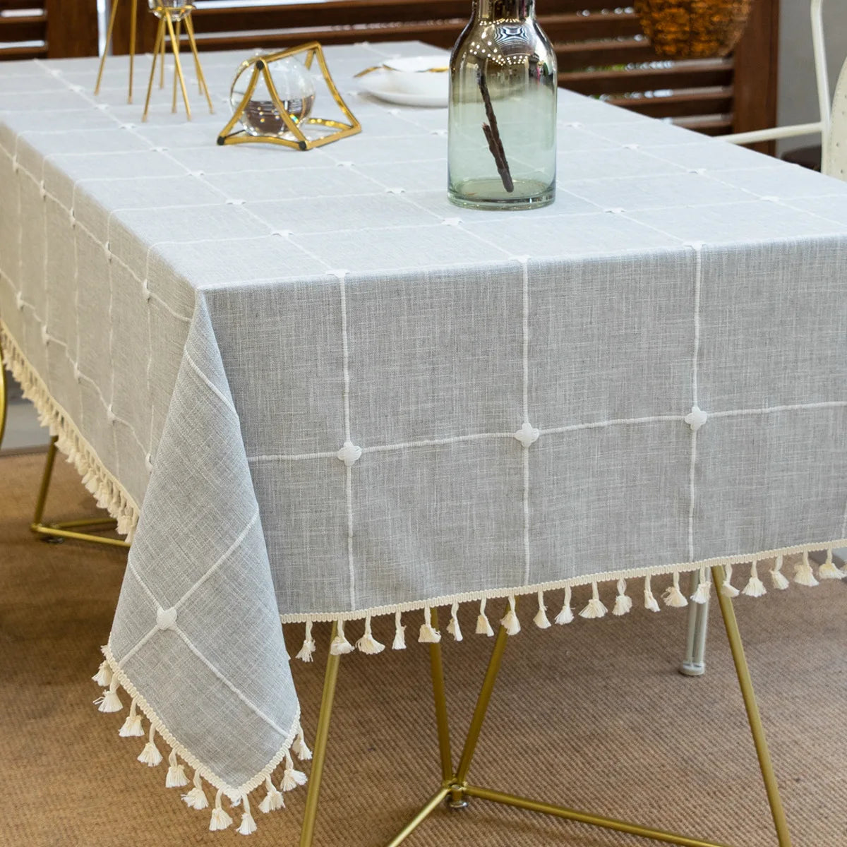 Three-dimensional Jacquard Checkered Tablecloth,Cotton Linen Tassels Dust-Proof Table Cover,For Dinning Party Wedding Decor