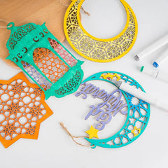 Lot de 3 suspensions Eid Mubarak en bois — Lune & étoile