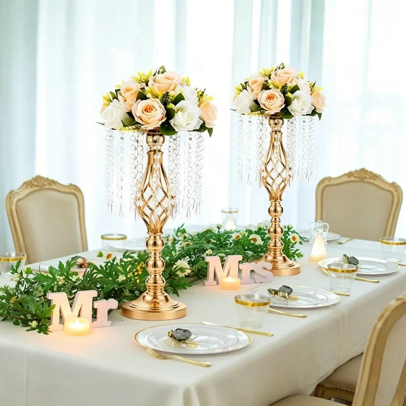 Elegant Tall Gold Crystal Flower Holder Luxurious Twisted Metal Vase Centerpiece with Hanging Beads for Wedding Home Table Decor