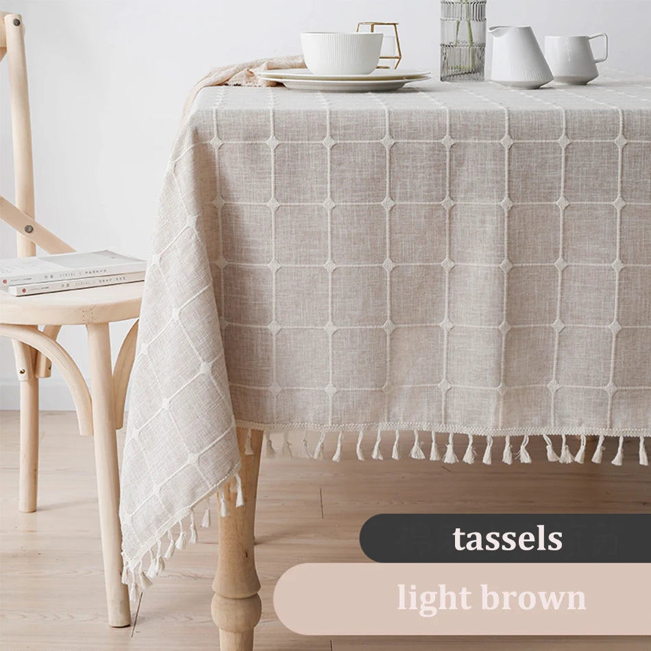 Three-dimensional Jacquard Checkered Tablecloth,Cotton Linen Tassels Dust-Proof Table Cover,For Dinning Party Wedding Decor