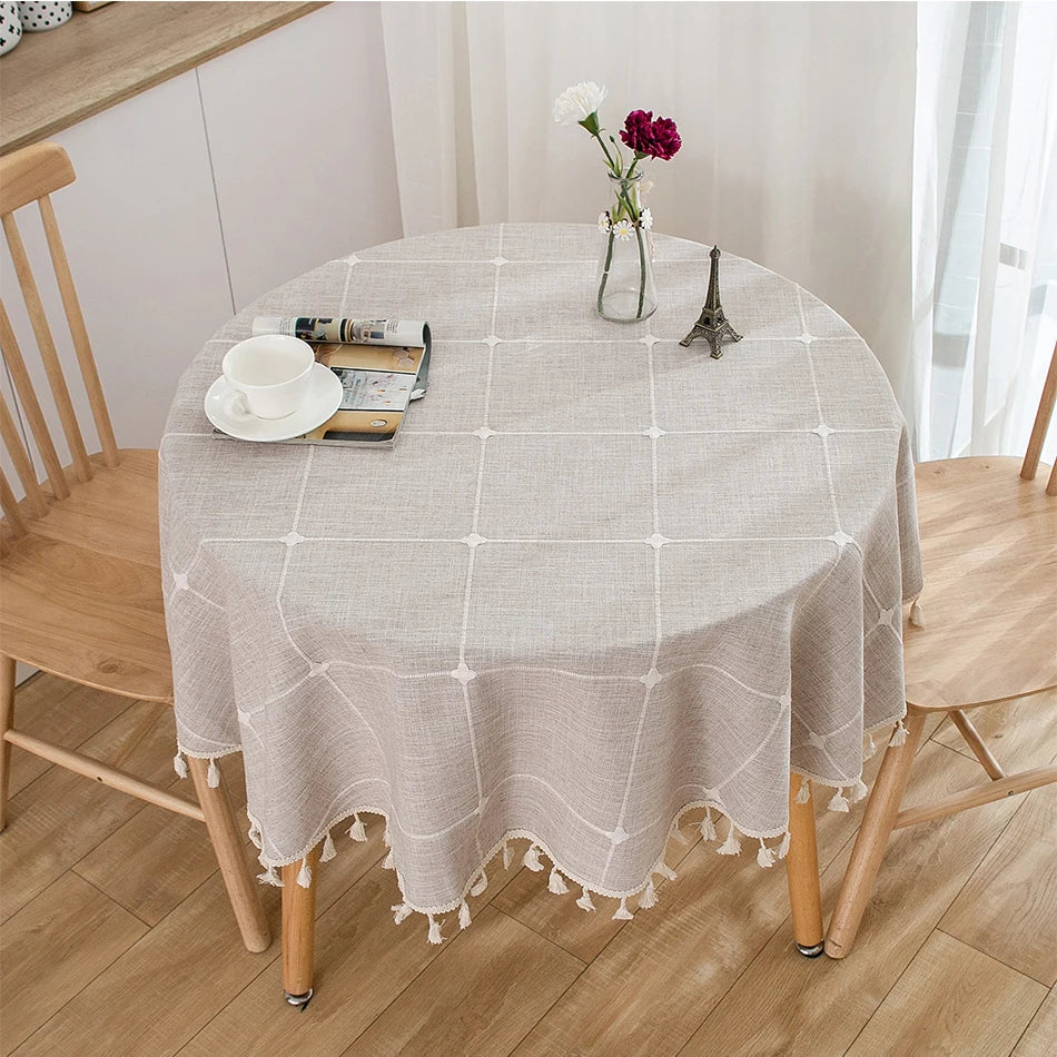 Nappe Ronde Jacquard Carreaux & Franges — Coton Lin Table Mariage