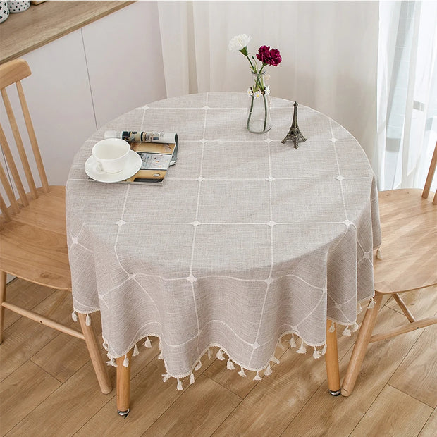 Nappe Ronde Jacquard Carreaux & Franges — Coton Lin Table Mariage
