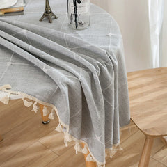 Nappe Ronde Jacquard Carreaux & Franges — Coton Lin Table Mariage