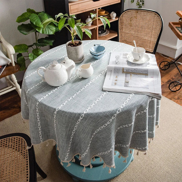 Three-dimensional Jacquard Checkered Round Tablecloth,Cotton Linen Tassels Dust-Proof Table Cover,For Dinner Party Wedding Decor