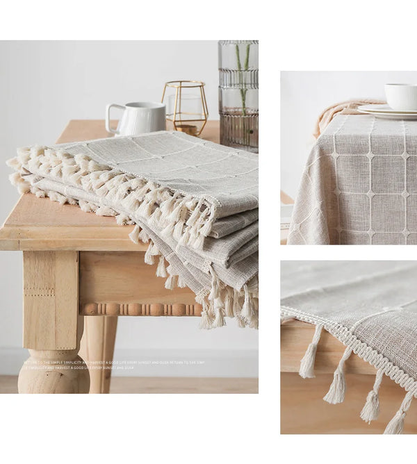 Three-dimensional Jacquard Checkered Round Tablecloth,Cotton Linen Tassels Dust-Proof Table Cover,For Dinner Party Wedding Decor