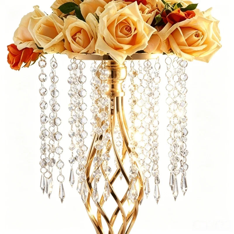 Elegant Tall Gold Crystal Flower Holder Luxurious Twisted Metal Vase Centerpiece with Hanging Beads for Wedding Home Table Decor