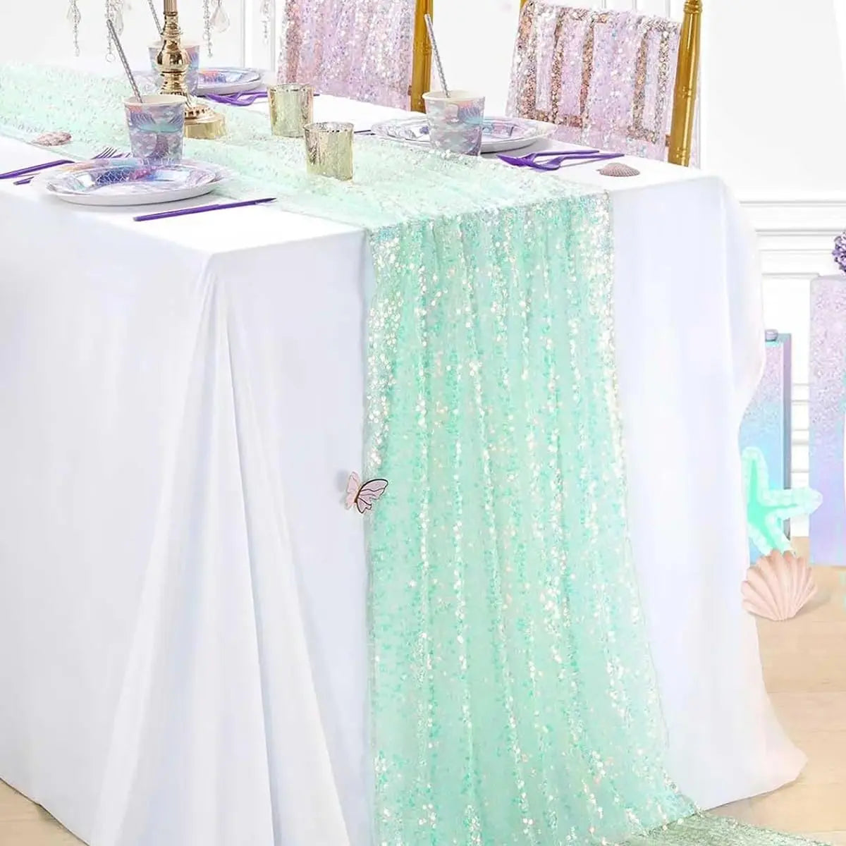 Glitter Iridescent Sequin Table Runner,Soft Wedding Dining Table Decoration For Bridal Baby Shower Girl Birthday Wedding Party