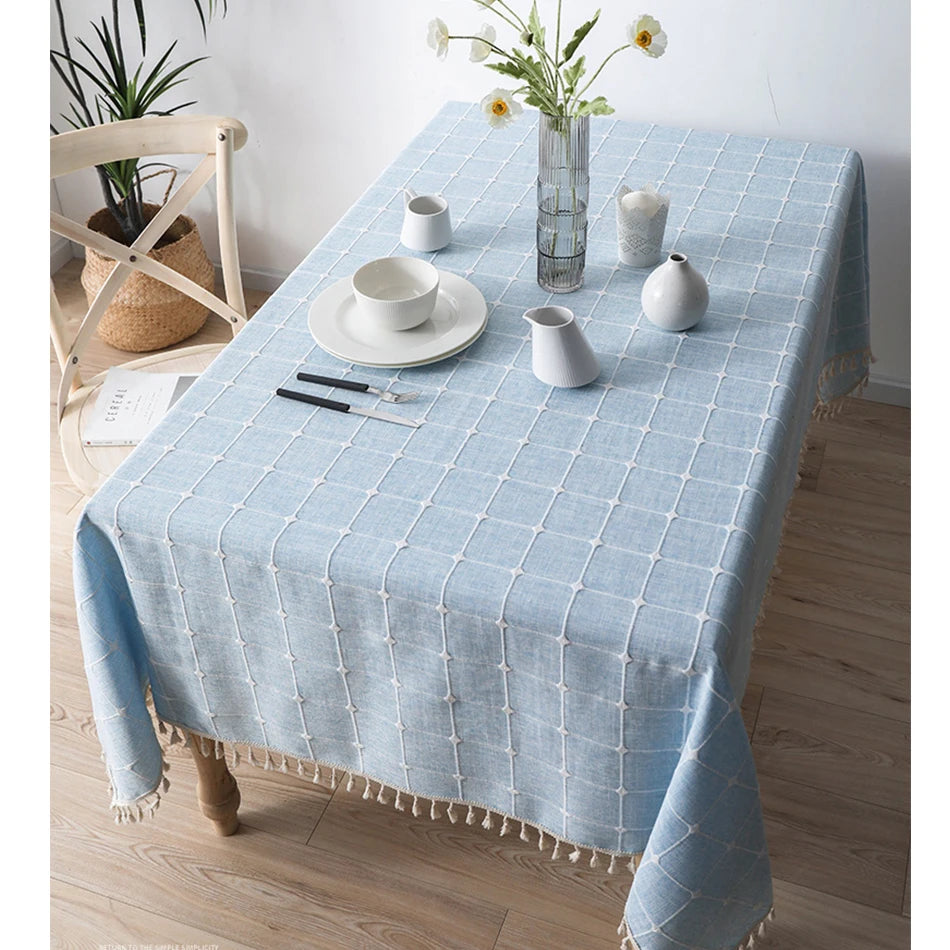 Three-dimensional Jacquard Checkered Tablecloth,Cotton Linen Tassels Dust-Proof Table Cover,For Dinning Party Wedding Decor