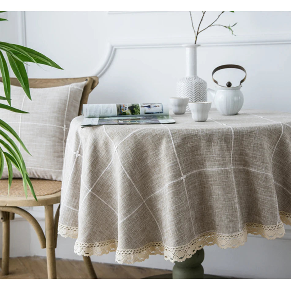 Three-dimensional Jacquard Checkered Round Tablecloth,Cotton Linen Tassels Dust-Proof Table Cover,For Dinner Party Wedding Decor