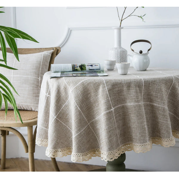 Three-dimensional Jacquard Checkered Round Tablecloth,Cotton Linen Tassels Dust-Proof Table Cover,For Dinner Party Wedding Decor