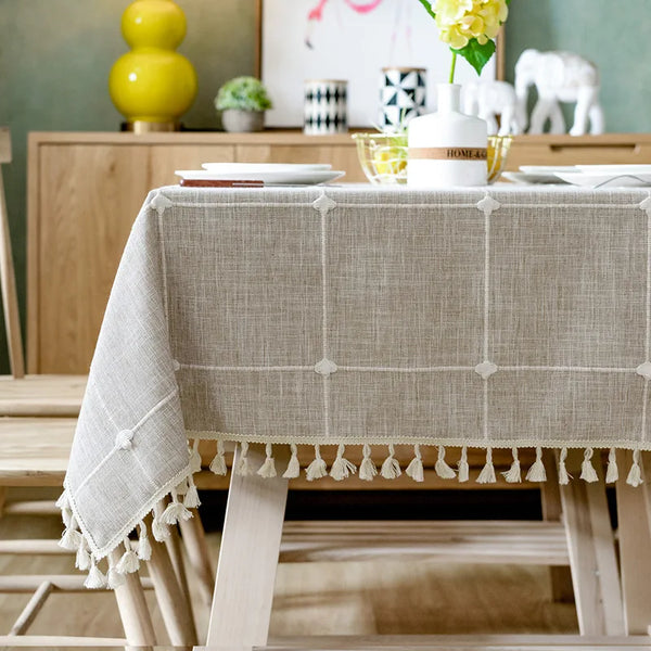 Three-dimensional Jacquard Checkered Tablecloth,Cotton Linen Tassels Dust-Proof Table Cover,For Dinning Party Wedding Decor
