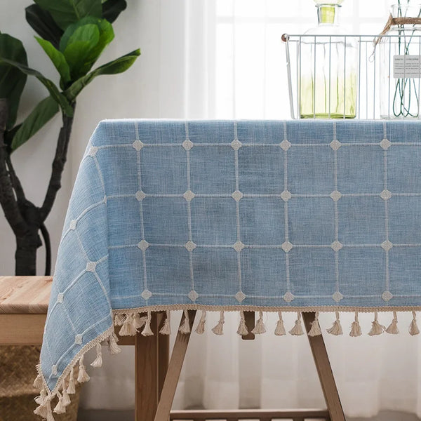 Three-dimensional Jacquard Checkered Tablecloth,Cotton Linen Tassels Dust-Proof Table Cover,For Dinning Party Wedding Decor