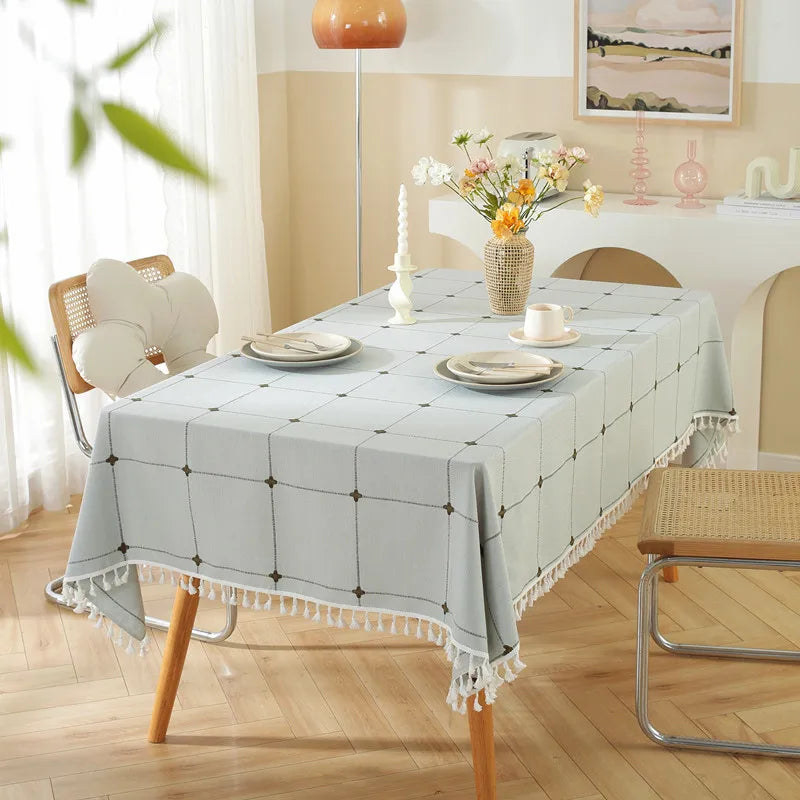 Three-dimensional Jacquard Checkered Tablecloth,Cotton Linen Tassels Dust-Proof Table Cover,For Dinning Party Wedding Decor