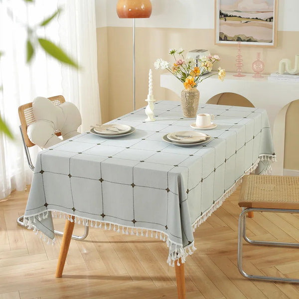 Three-dimensional Jacquard Checkered Tablecloth,Cotton Linen Tassels Dust-Proof Table Cover,For Dinning Party Wedding Decor