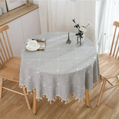 Nappe Ronde Jacquard Carreaux & Franges — Coton Lin Table Mariage