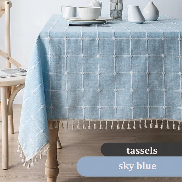 Three-dimensional Jacquard Checkered Tablecloth,Cotton Linen Tassels Dust-Proof Table Cover,For Dinning Party Wedding Decor