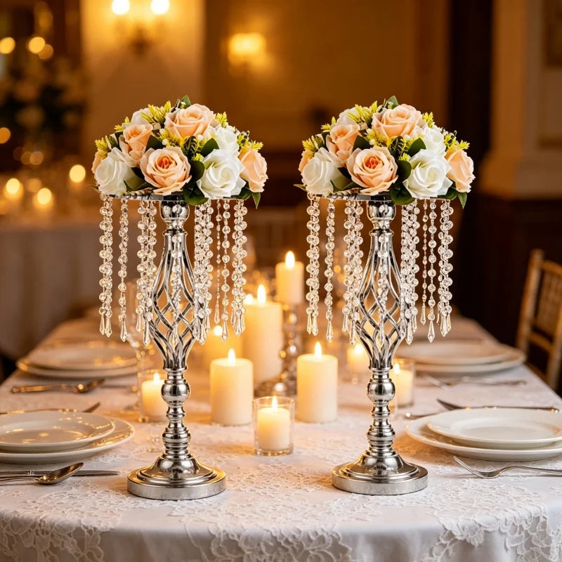 Elegant Tall Gold Crystal Flower Holder Luxurious Twisted Metal Vase Centerpiece with Hanging Beads for Wedding Home Table Decor