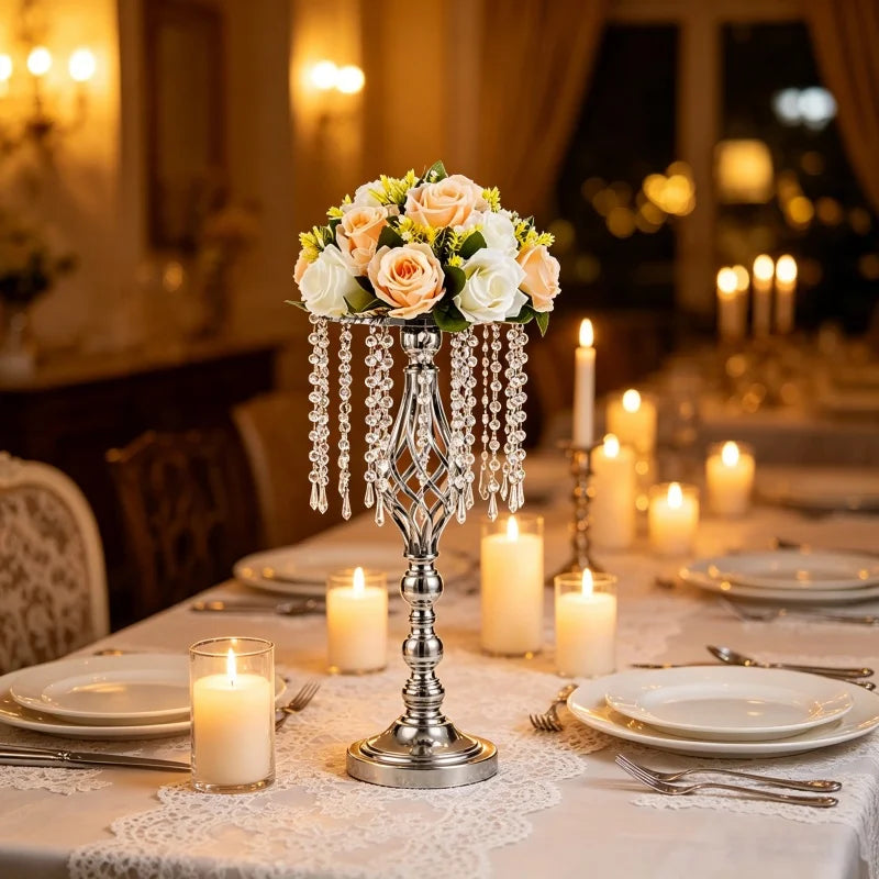 Elegant Tall Gold Crystal Flower Holder Luxurious Twisted Metal Vase Centerpiece with Hanging Beads for Wedding Home Table Decor